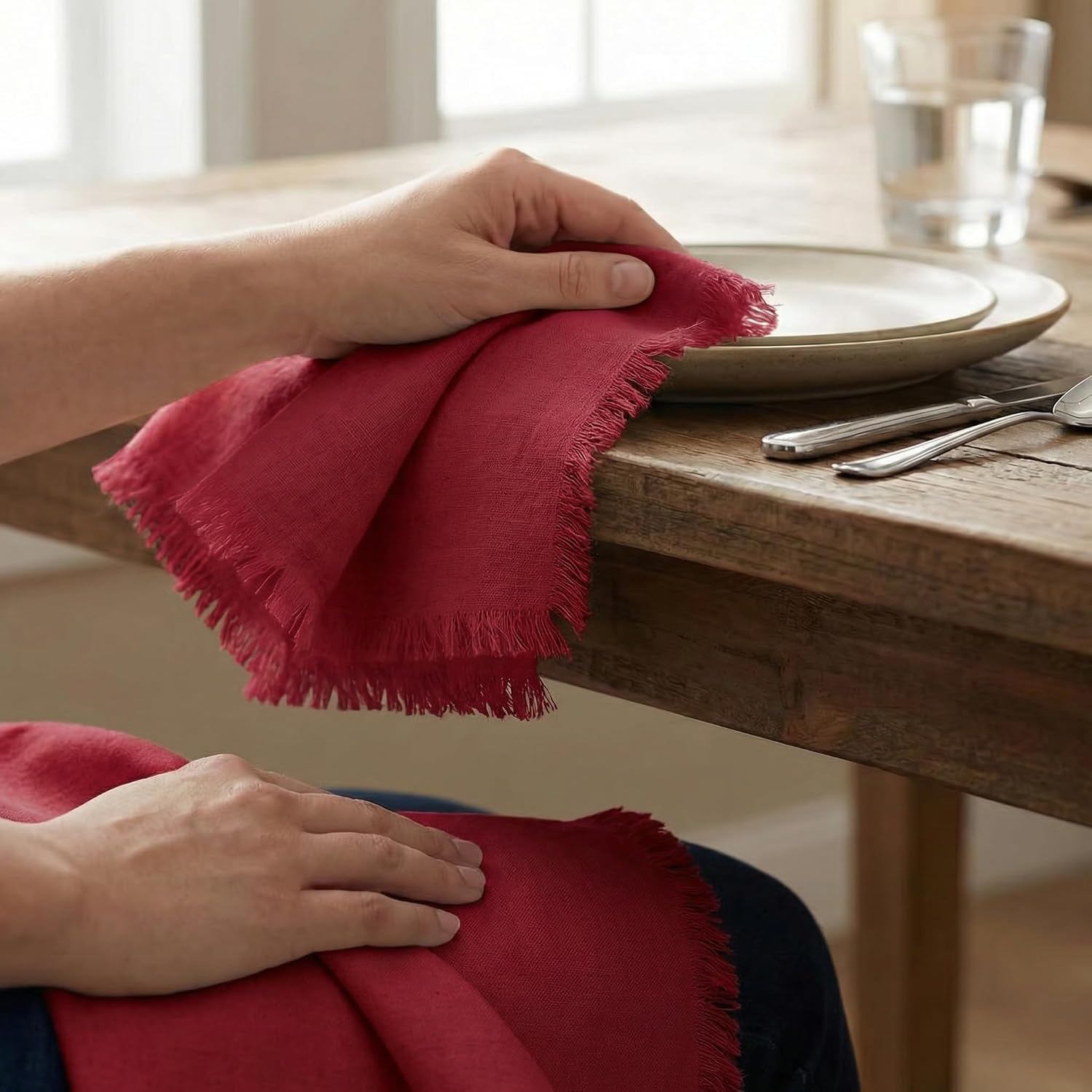 ACCENTHOME Red Cotton Linen Napkin Set of 12 18x18 inch Dinner Napkins | Cotton Linen Blend Napkins, Machine Wash On