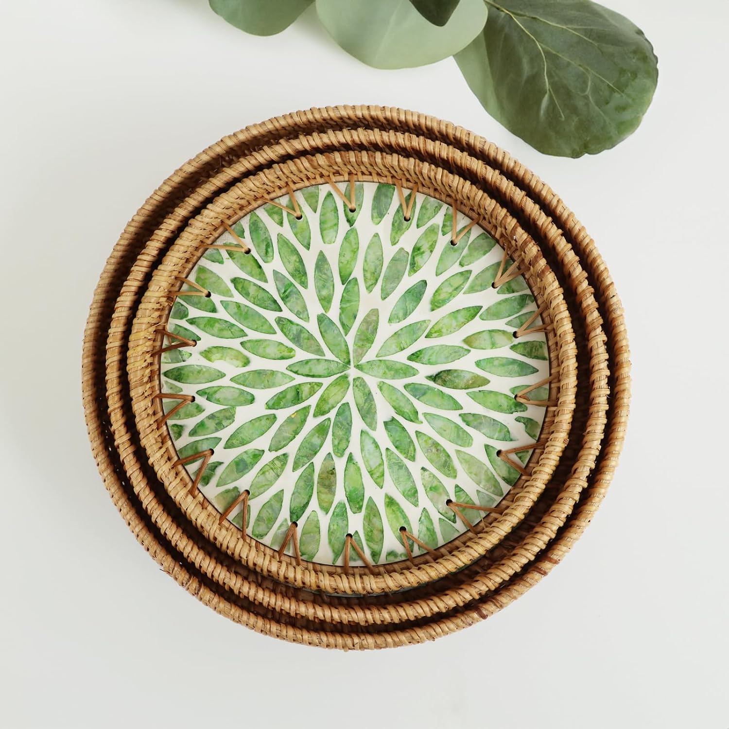 Rattan Tray / Round Serving Trays / Green Leaf / Set of 11