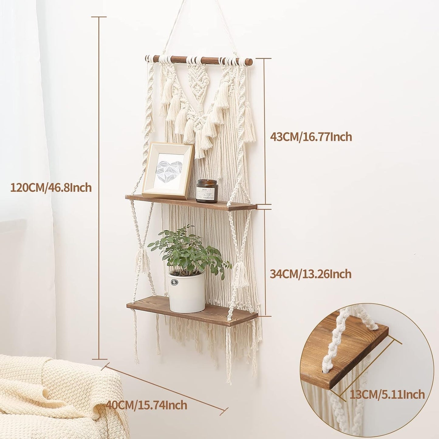 Handmade Bohemian Wooden Woven Plant Floating Shelves Decor / Large