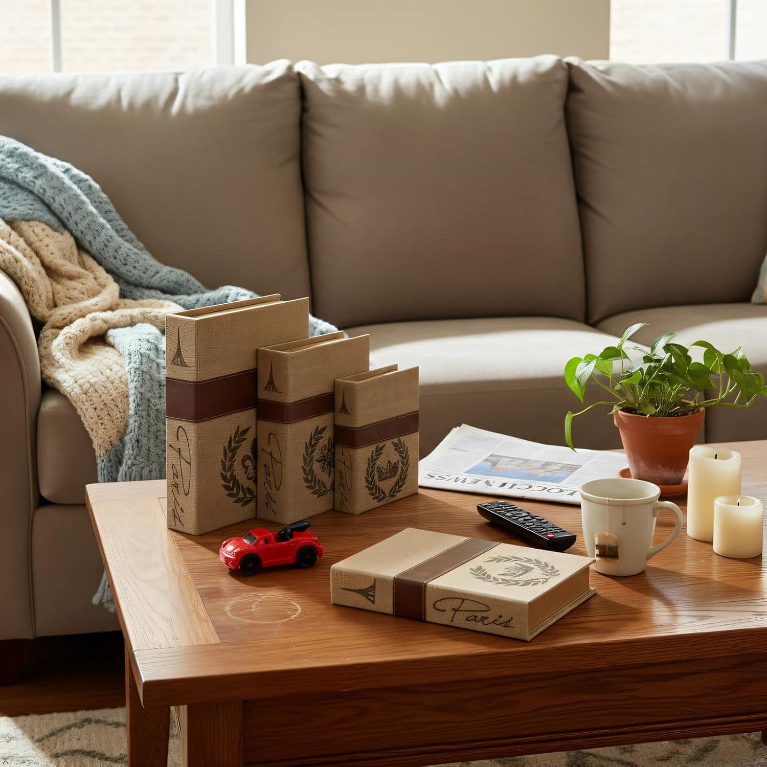 Modern Faux Linen & Wood Hidden Storage Boxes / Set of 3