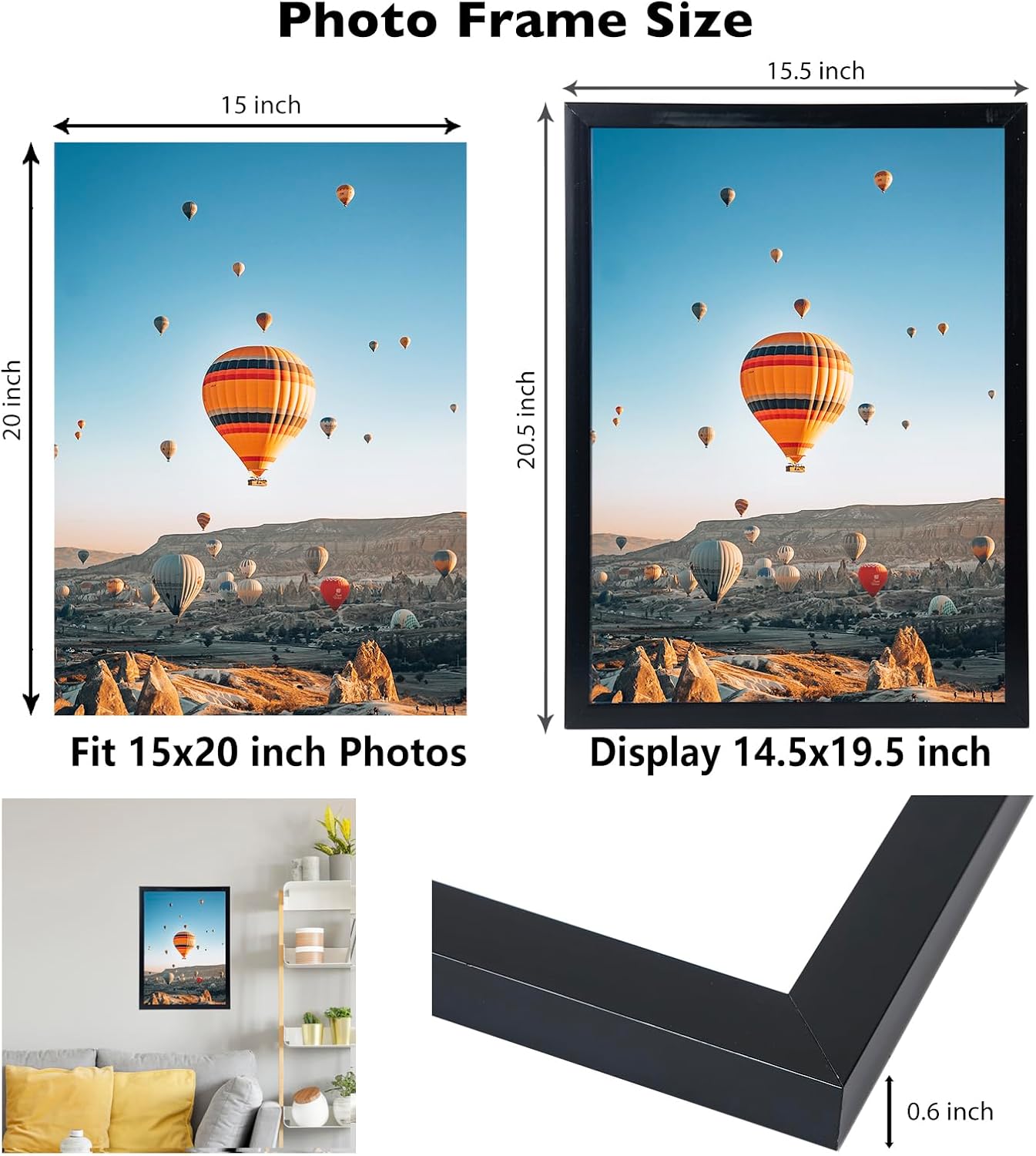 JCJMY 15x20 Picture Frame Set of 4 Black for Wall Hanging, Wall Mounting Horizontally or Vertically, 15 x 20 Wall