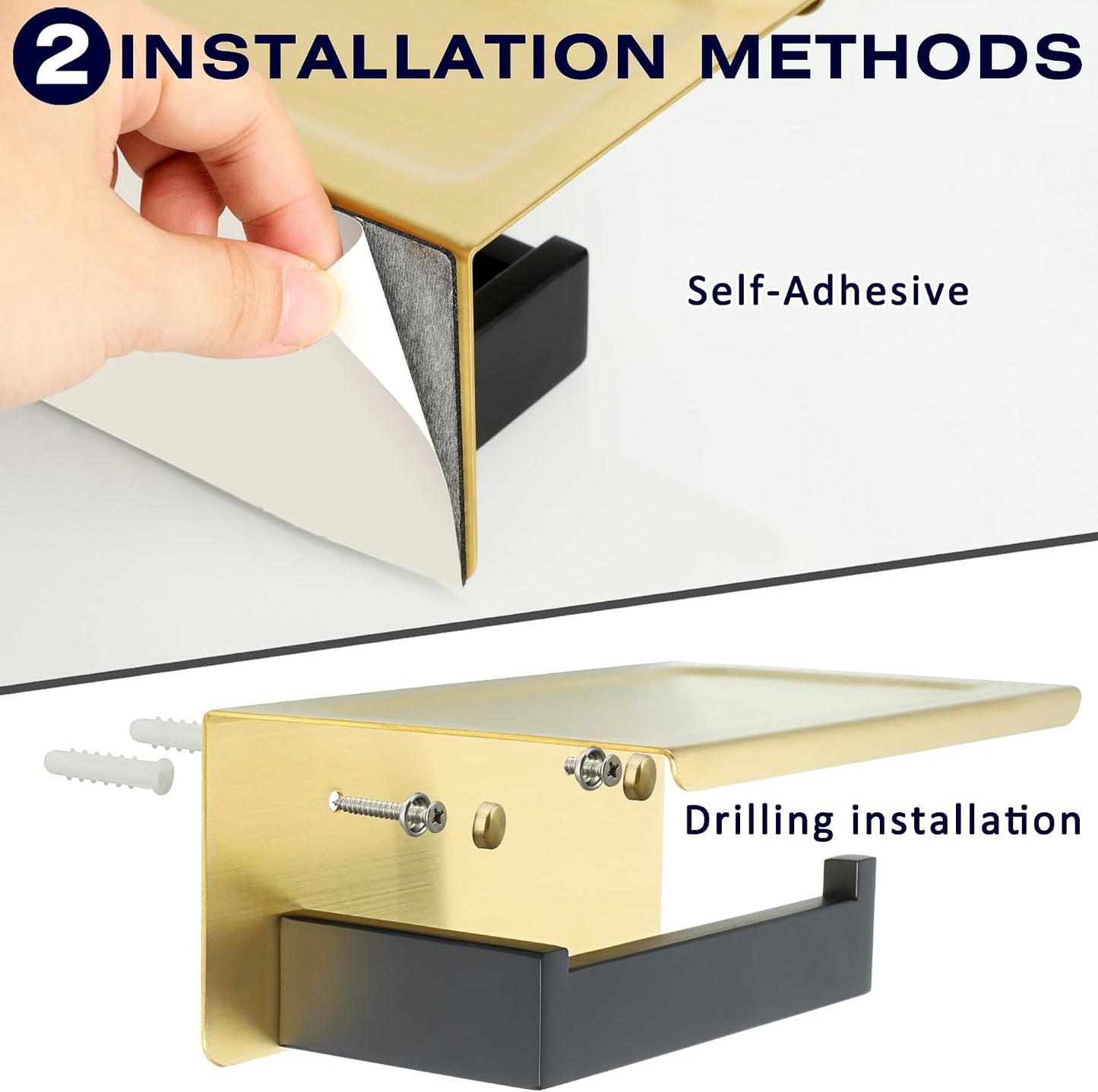 Alise Toilet Paper Holder with Shelf Wall Mounted,Gold and Black Finish | Self Adhesive or Drilling,SUS304 Stainless