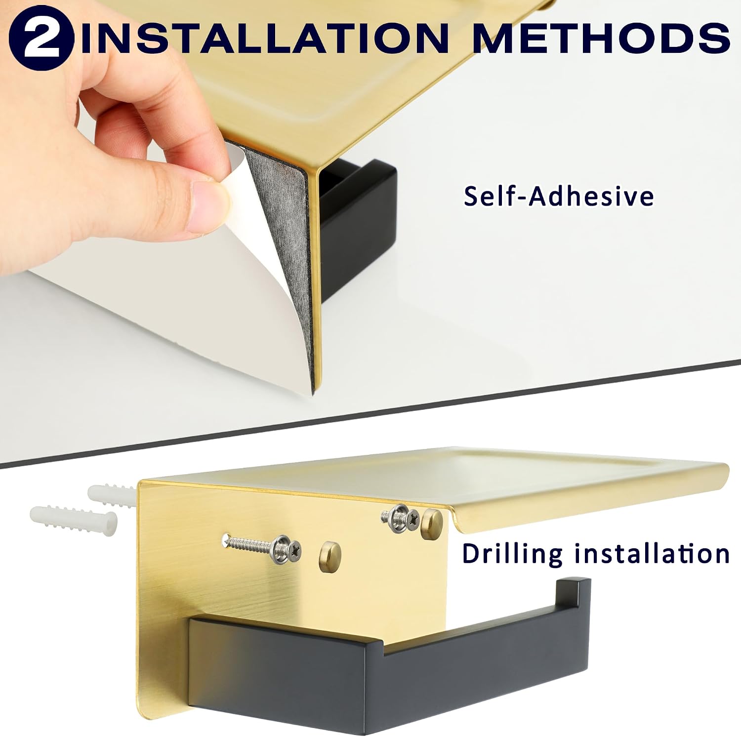 Alise Toilet Paper Holder with Shelf Wall Mounted,Gold and Black Finish | Self Adhesive or Drilling,SUS304 Stainless