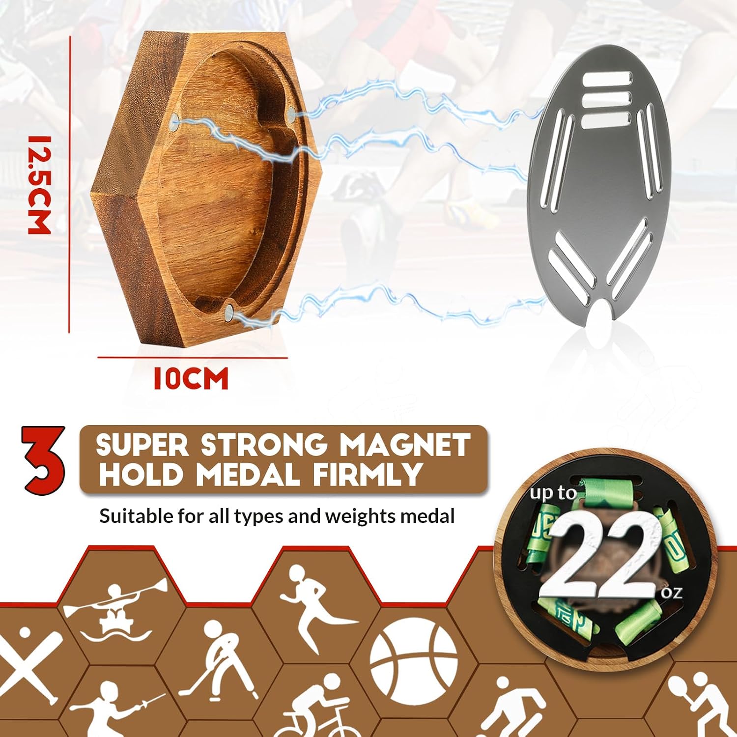 Medal Hanger Display Honeycomb Wooden Hexagon for Wall, with Strong Magnets & Black Round Iron Medal Holder for Sports