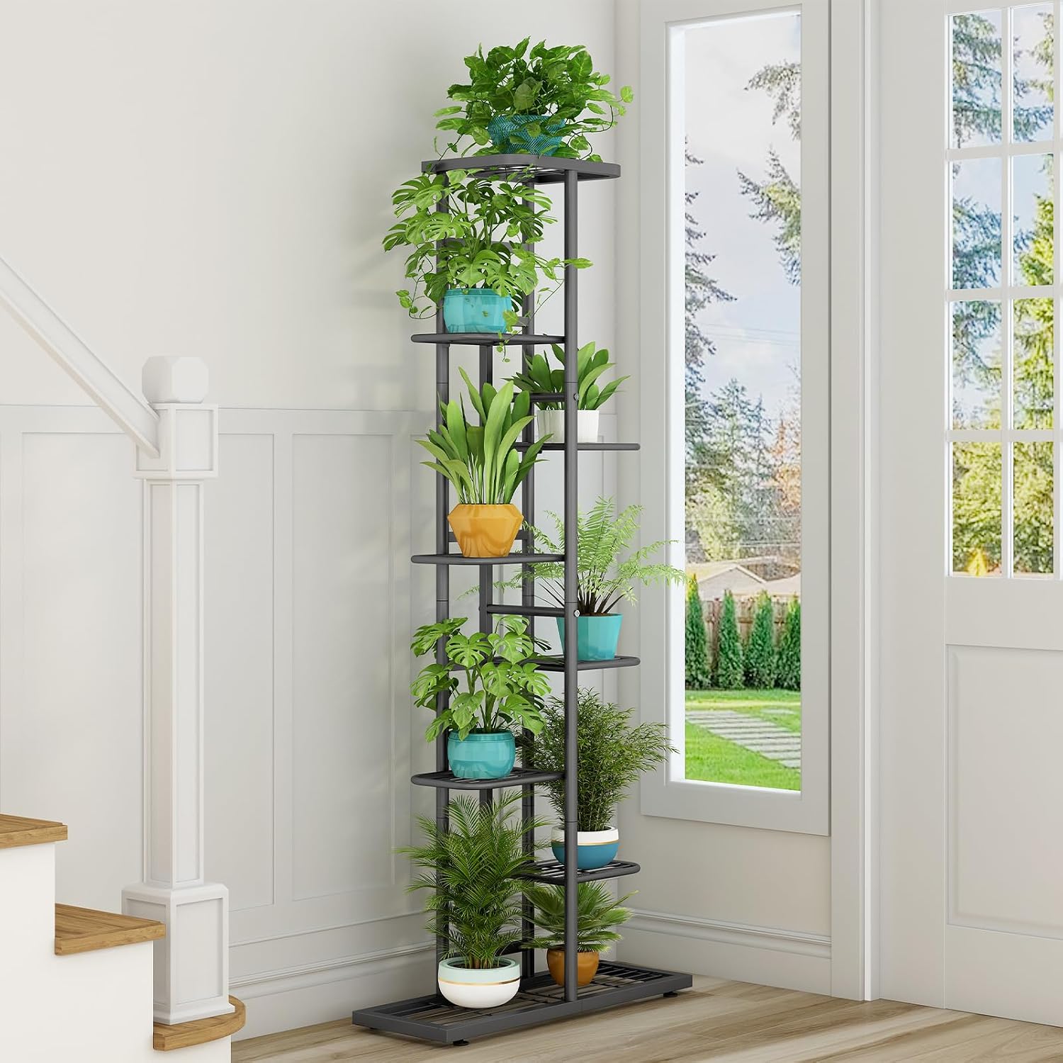 LINZINAR 8 Tier Plant Stand Indoor Outdoor Metal Flower Pot Display Shelf | Space Saving,9 Potted Multiple Flower Pot