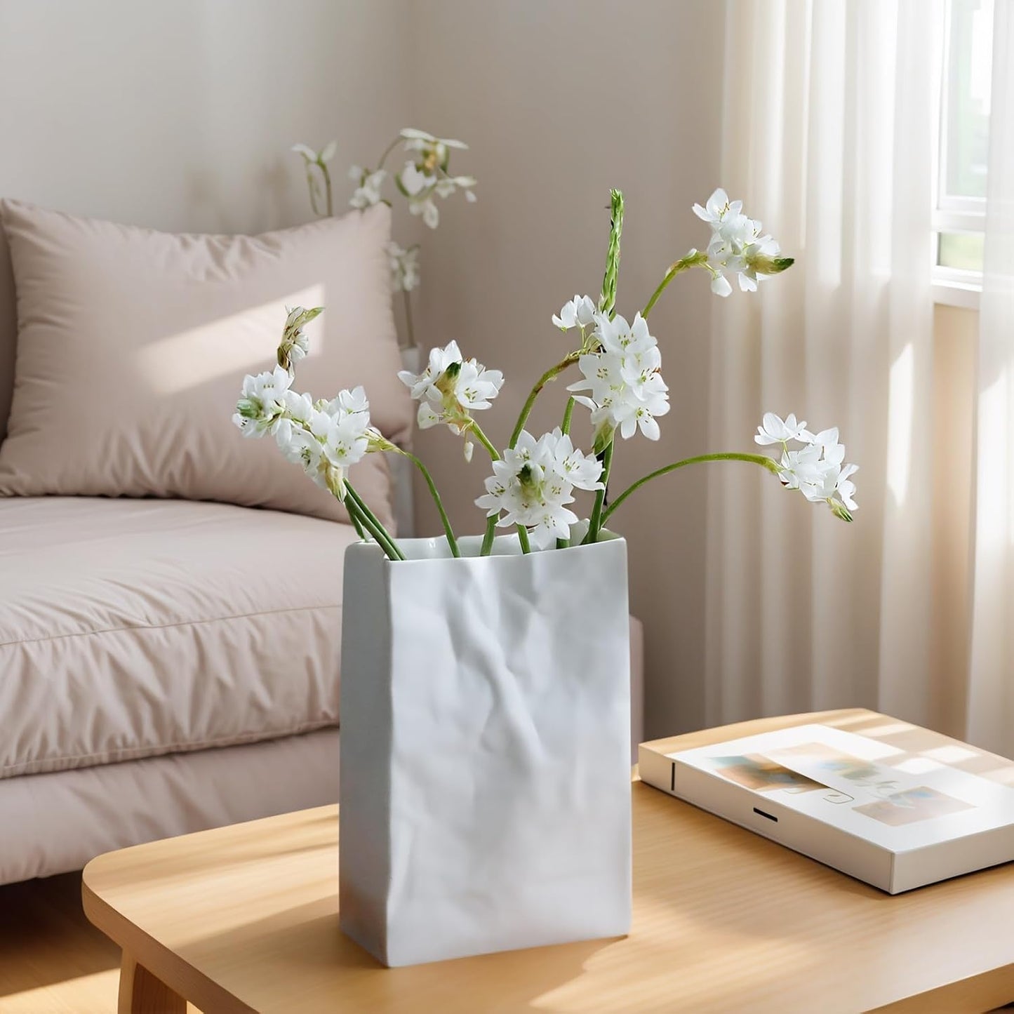 Crinkle Paper Bag Ceramic Vase / White / 7.5 Inch