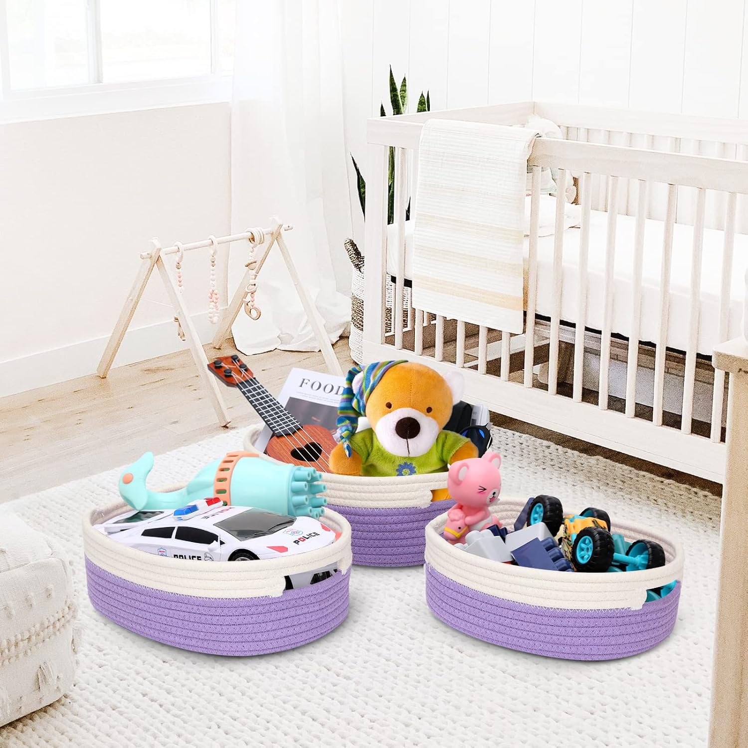 7 Piece Cotton Rope Woven Basket Set / OFF WHITE & PURPLE