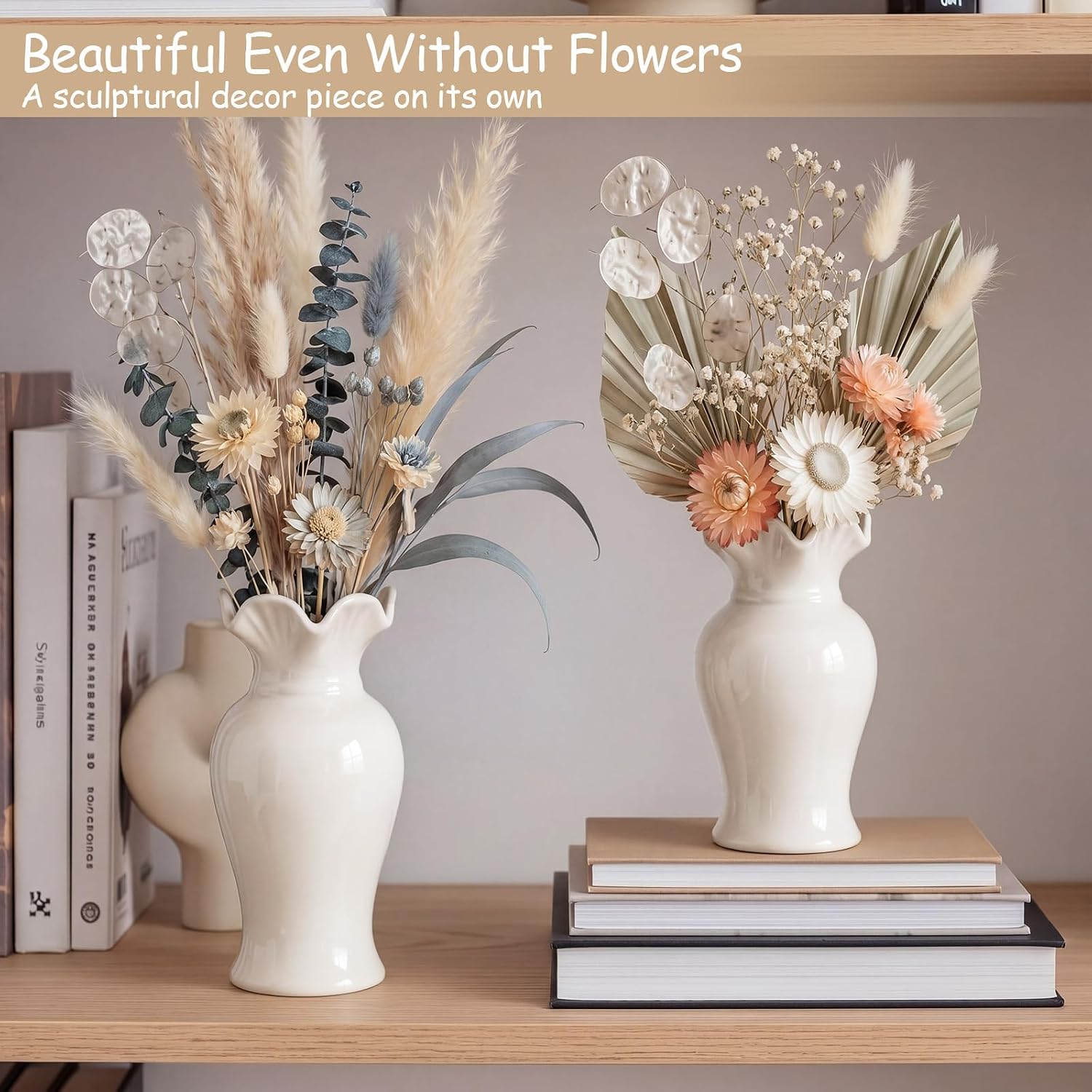 Ceramic Vase Set Small Rustic Decorative Vases Home Decor / 6.7, 7.9in / Classic / White / Set of 2