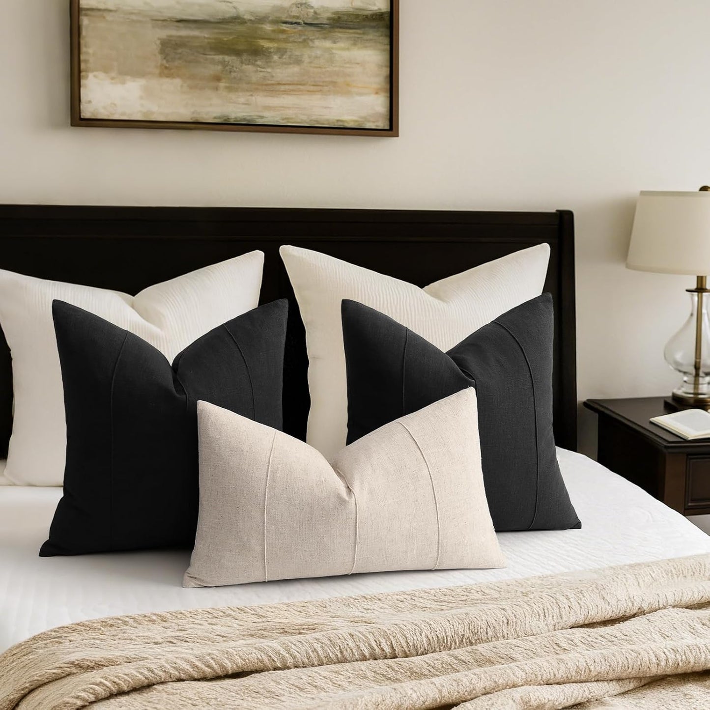 Decorative Linen Throw Pillow Covers Solid Handcrafted Striped Cushion / Black / 18 x 18 / Set of 2