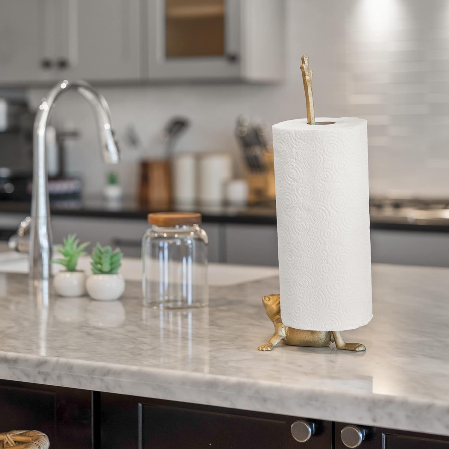 Gold Paper Towel Holder, Metal Toilet or Kitchen Paper Holder for Floor or Countertop, Gold Frog | 16.5 inch tall gold