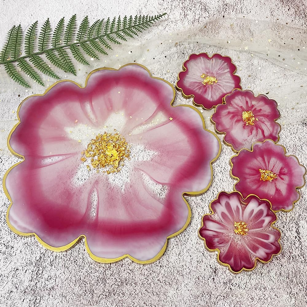 13'' Large Floral Tray Mold + 4'' Flower Geode Coaster Silicone Molds No Designs / White / Set of 5
