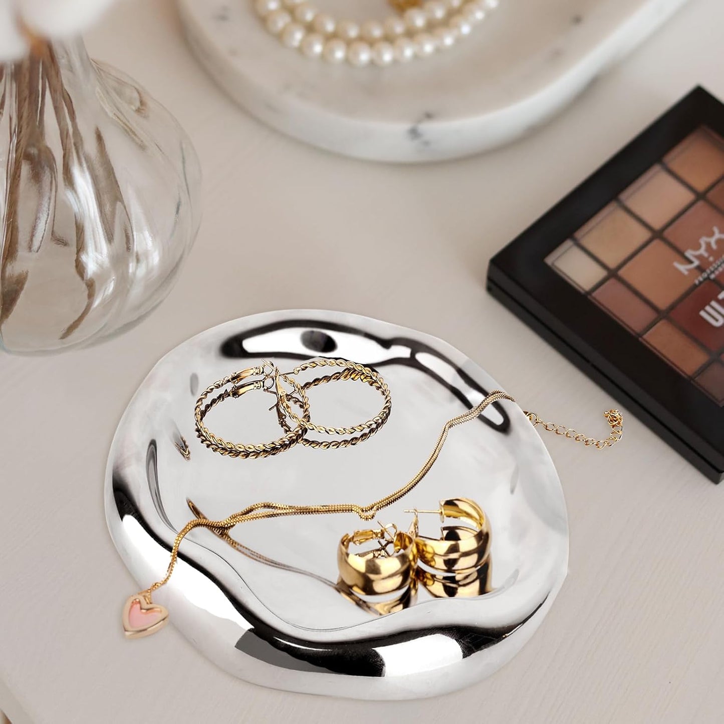 Tray Decorative Vanity Tray Bathroom Tray Jewelry Dish Ceramic Round Plate Holder / Silver / 7.5