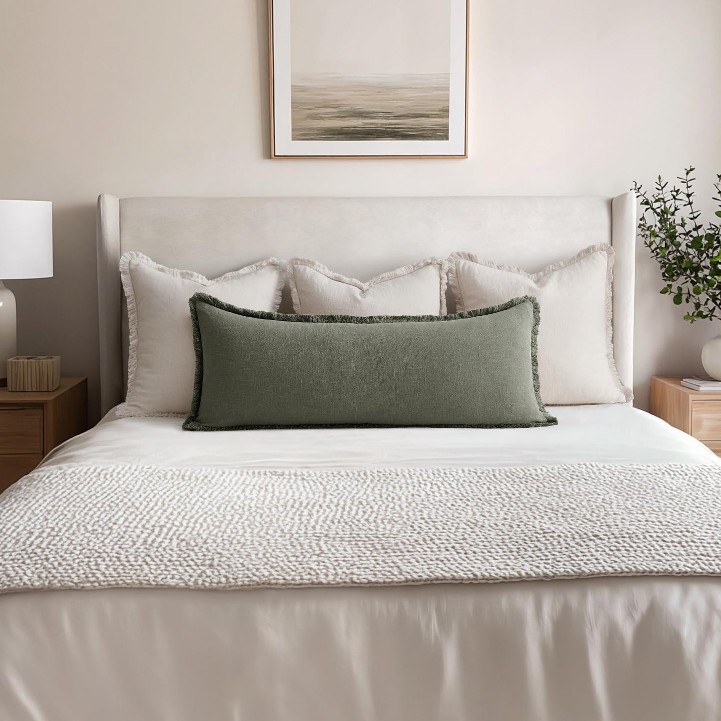 Decorative Throw Pillow Covers Neutral Linen Fringe Throw Pillows Boho / Light Olive Green / 36 x 14