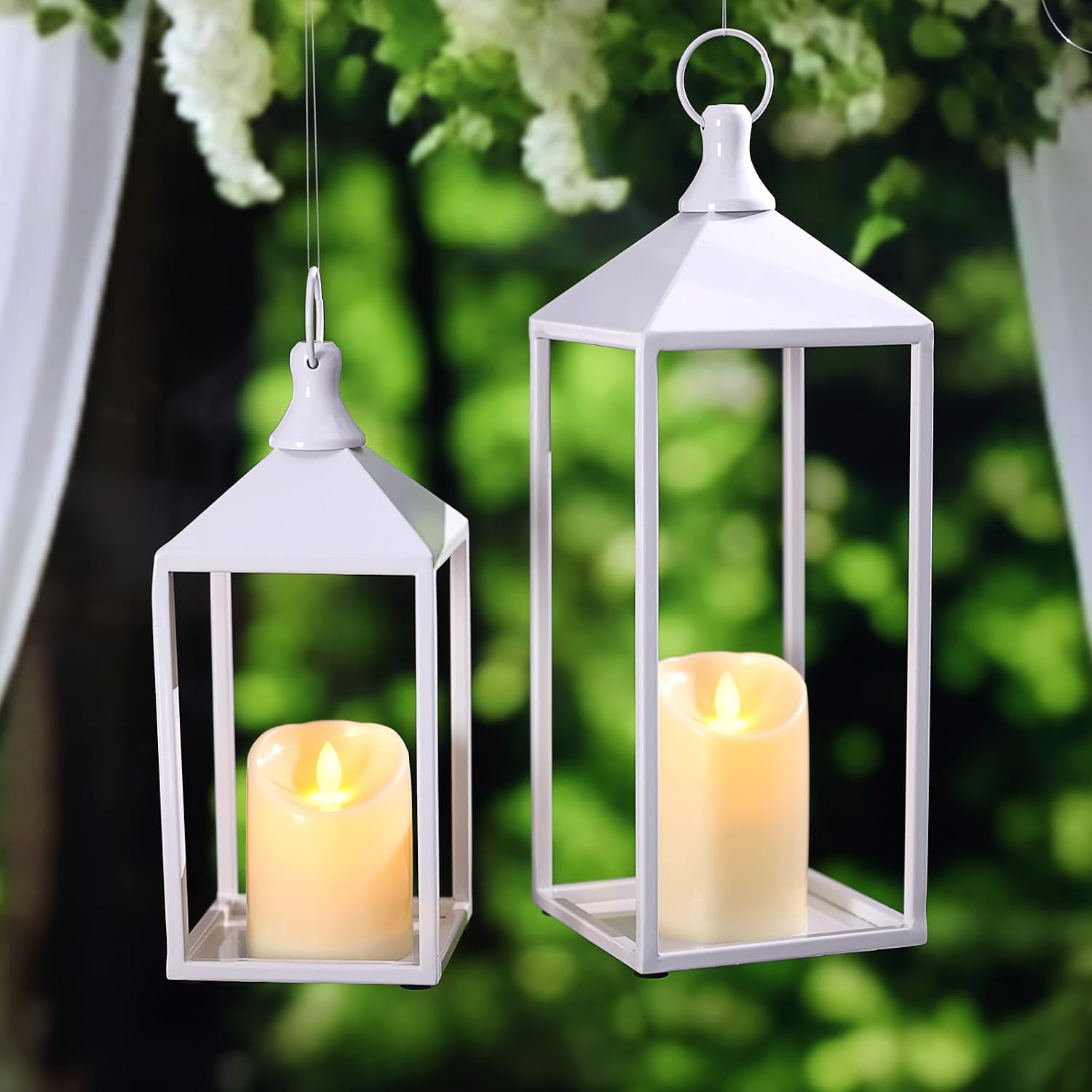 2 Pcs Wedding Lanterns Decorative with Candles White Farmhouse Lanterns | Glass-free Metal Decorative Candle Lanterns