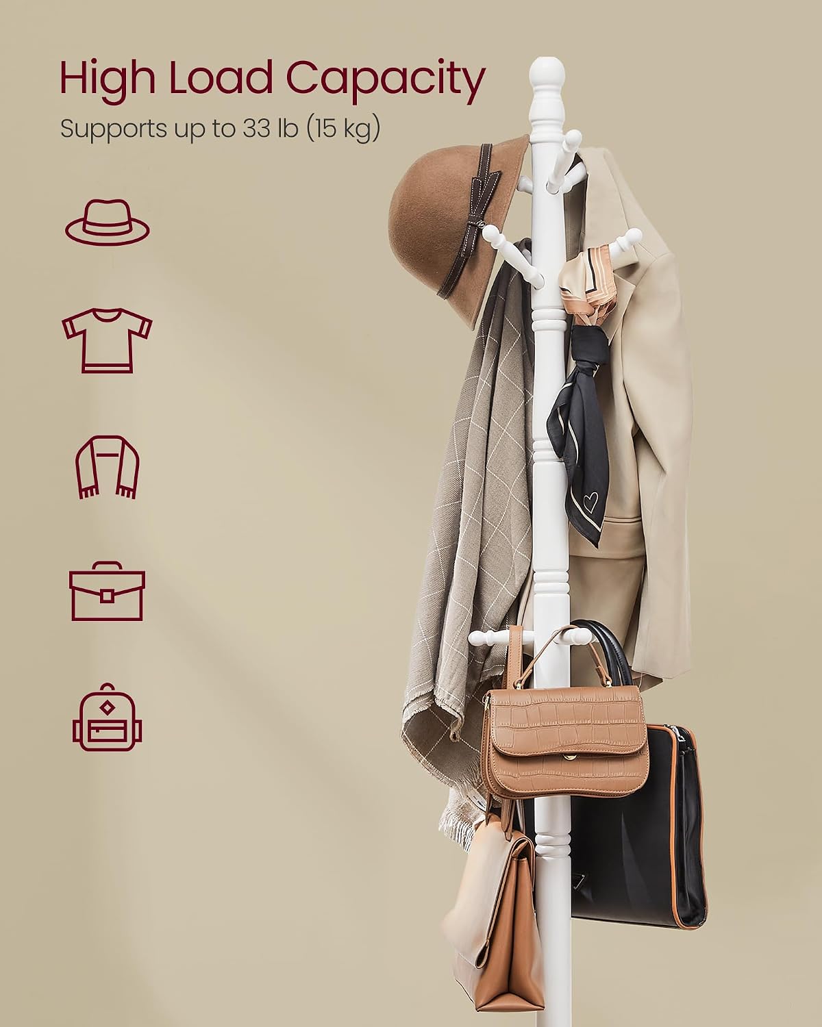 VASAGLE Solid Wood Coat Rack and Stand, Free Standing Hall Coat Tree with 10 Hooks for Hats, Bags, Purses, for