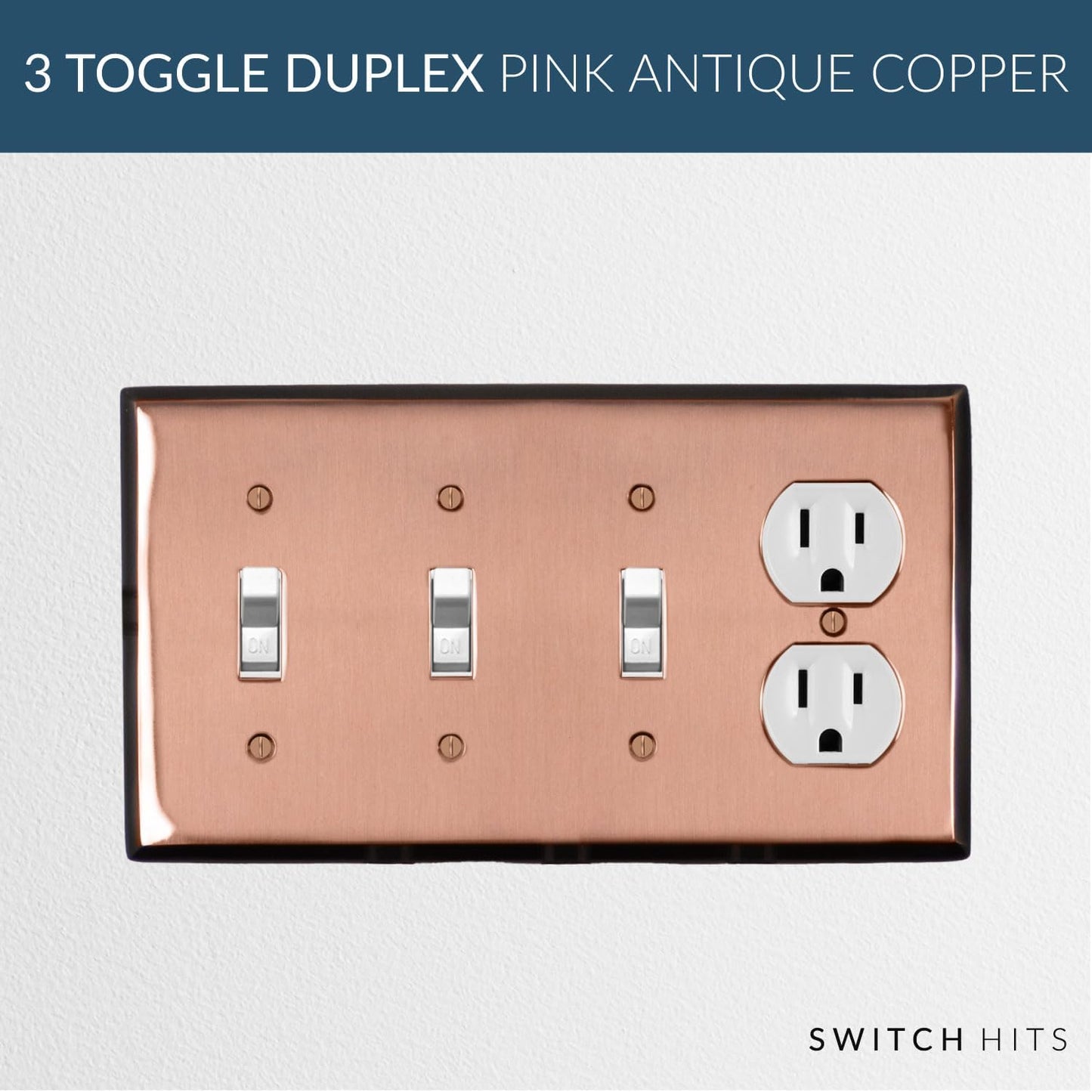 Pink Antique Copper Outlet Wall Plate | 3 Toggle - 1 Duplex | 8.25" x 4.5" | Hand-Polished Brass Construction