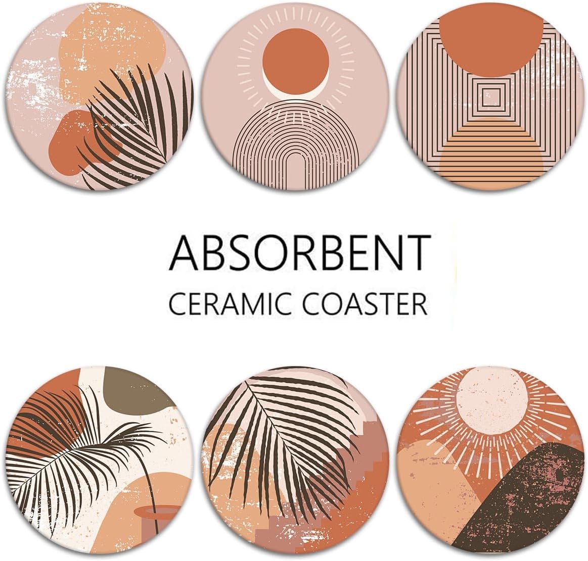 Boho Aesthetic Burnt Terracotta Absorbent Round Ceramic Stone / Boho Abstract / Orange / Set of 6
