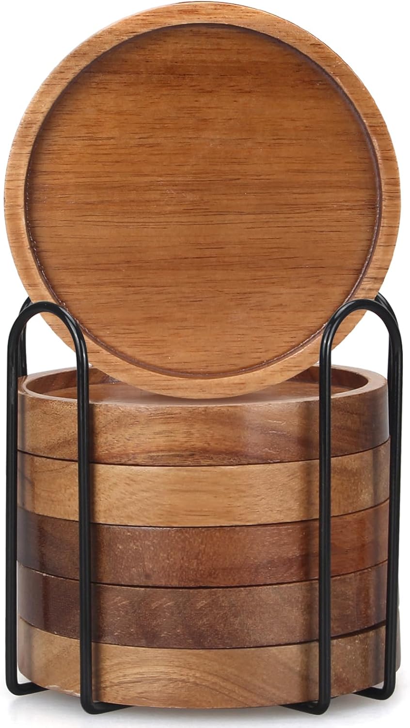 Holder Coffee Table Decor Acacia Wood Coaster Set Modern Cup Coaster for Drink / Round / Set of 6