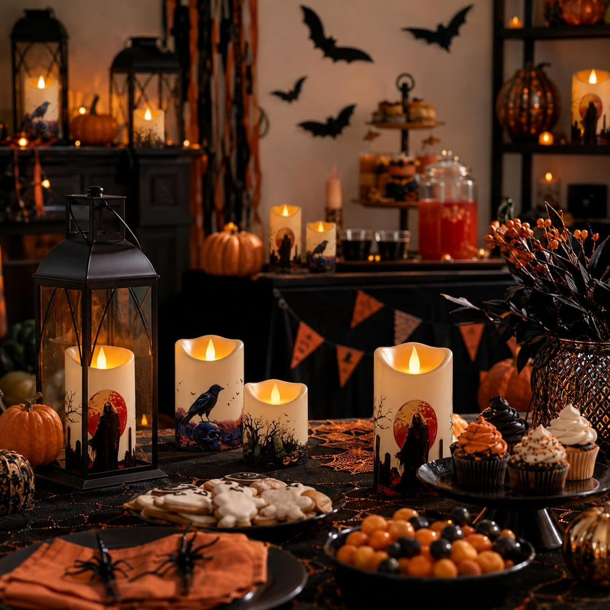 Halloween Flameless Candles Set of 6, Indoor Outdoor LED Pillars | 3"D X 4" 5" 6" H, Climbing flame, waterproof, 2x