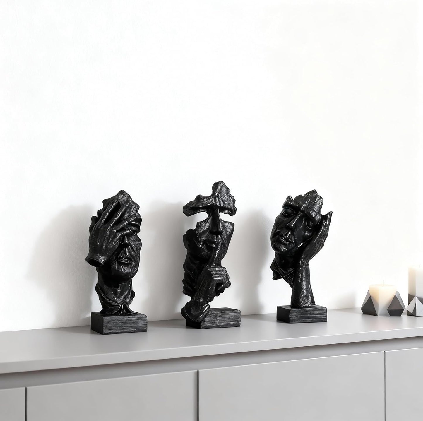 Thinker Statue / Silence is Abstract Art Figurine / Black / Set of 3