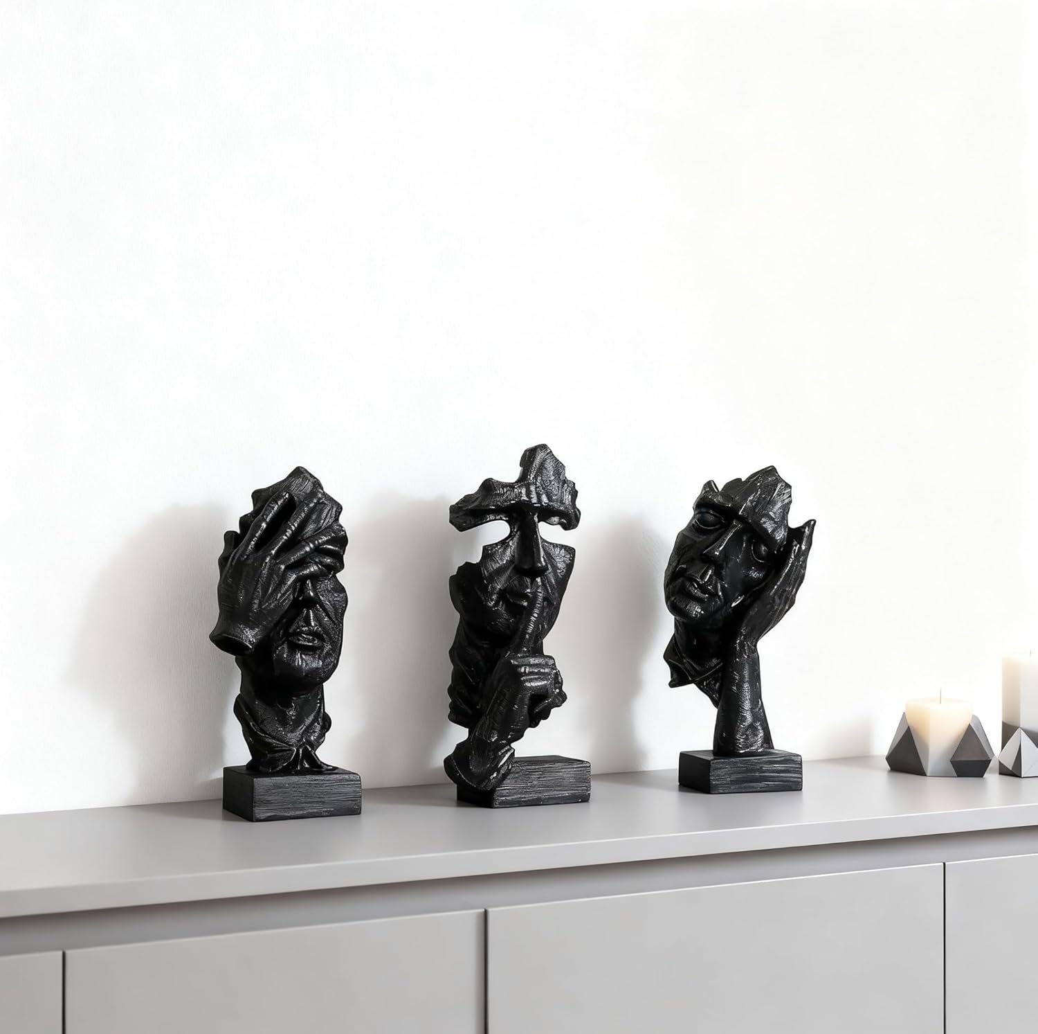 Thinker Statue / Silence is Abstract Art Figurine / Black / Set of 3