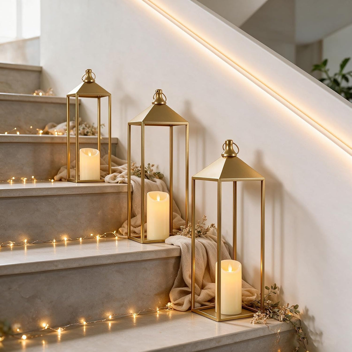 3 Pcs Large Gold Decorative Lanterns with Candles, Metal Candle Lantern | 22" 19" 17" Lanterns Decorative Outdoor