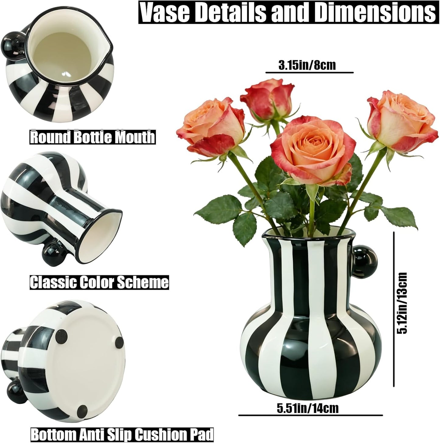 White Striped Ceramic Vase / Black