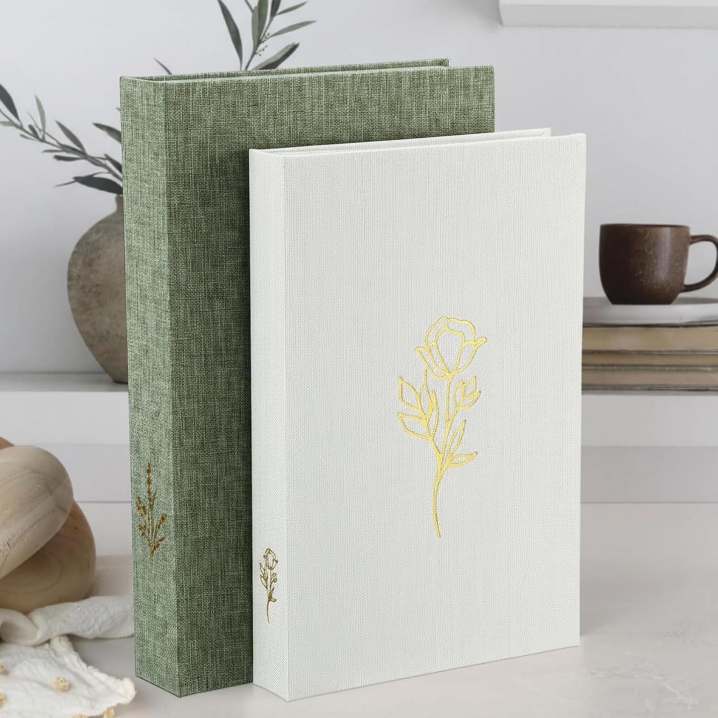 Aesthetic Decorative Books Linen Boxes Coffee Table Bookshelf Mantle / Sage Green Beige / Set of 2