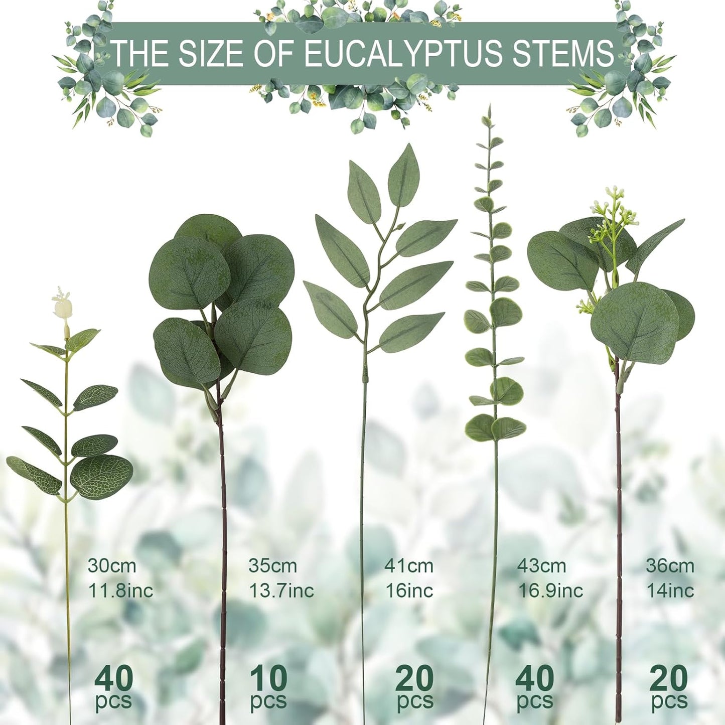 5 Kinds of Faux GreeneryEucalyptus Leaves Bulk for Vase Wedding / Green / Set of 130