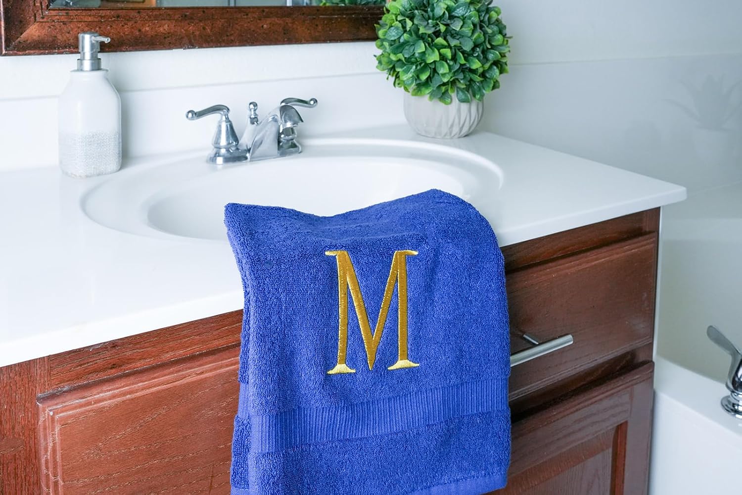 Navy with Gold Monogrammed Hand Towels for Bathroom - Set of 2 Letter M | Luxury Hotel Quality Initial Towels For