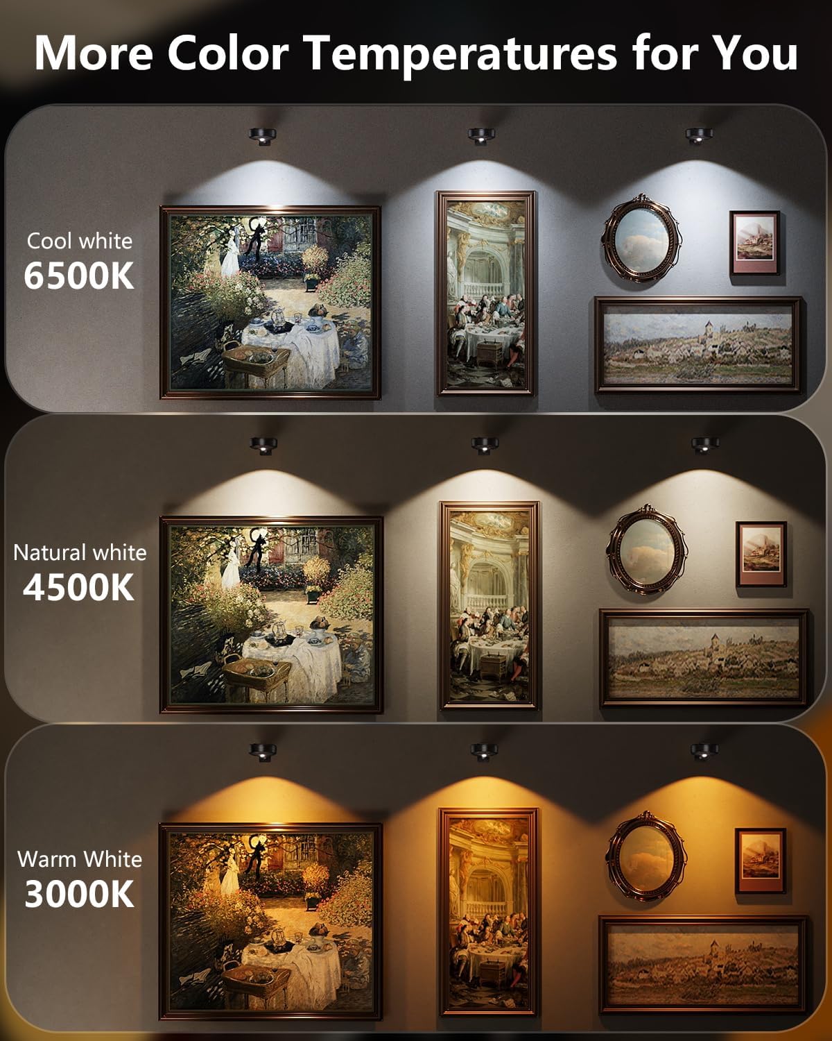 3.3" Picture Lights for Wall Spotlight, 2000mAh Rechargeable, 6Pack, Black | RGB & 3-Color-Temp丨Remote & Touch