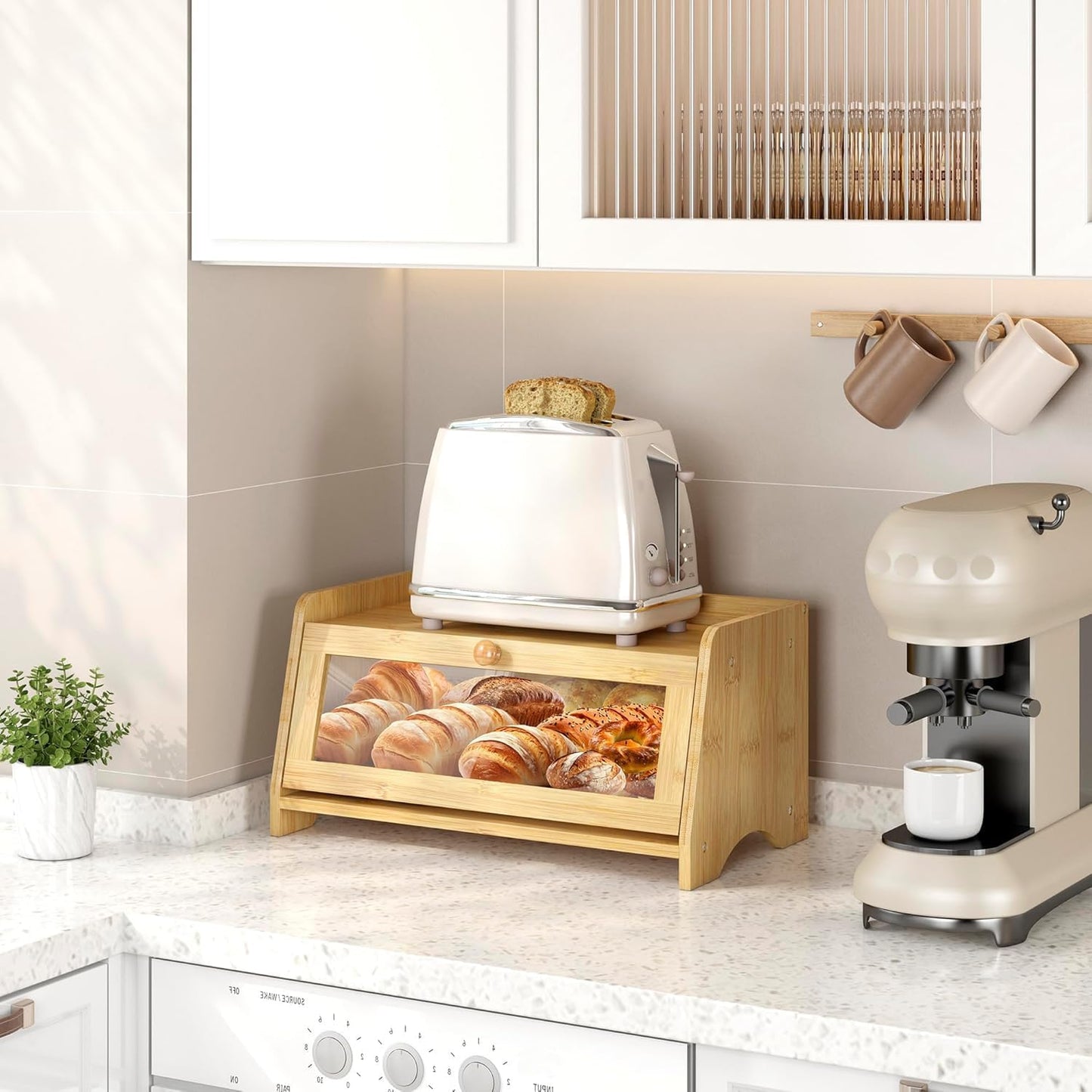 JANSNIMEN Bread Box for Kitchen Countertop, Large Bread Container Storage, Wooden Farmhouse Bread Box with Window Bread