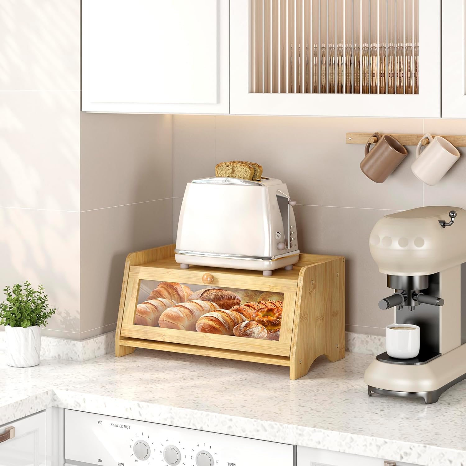 JANSNIMEN Bread Box for Kitchen Countertop, Large Bread Container Storage, Wooden Farmhouse Bread Box with Window Bread