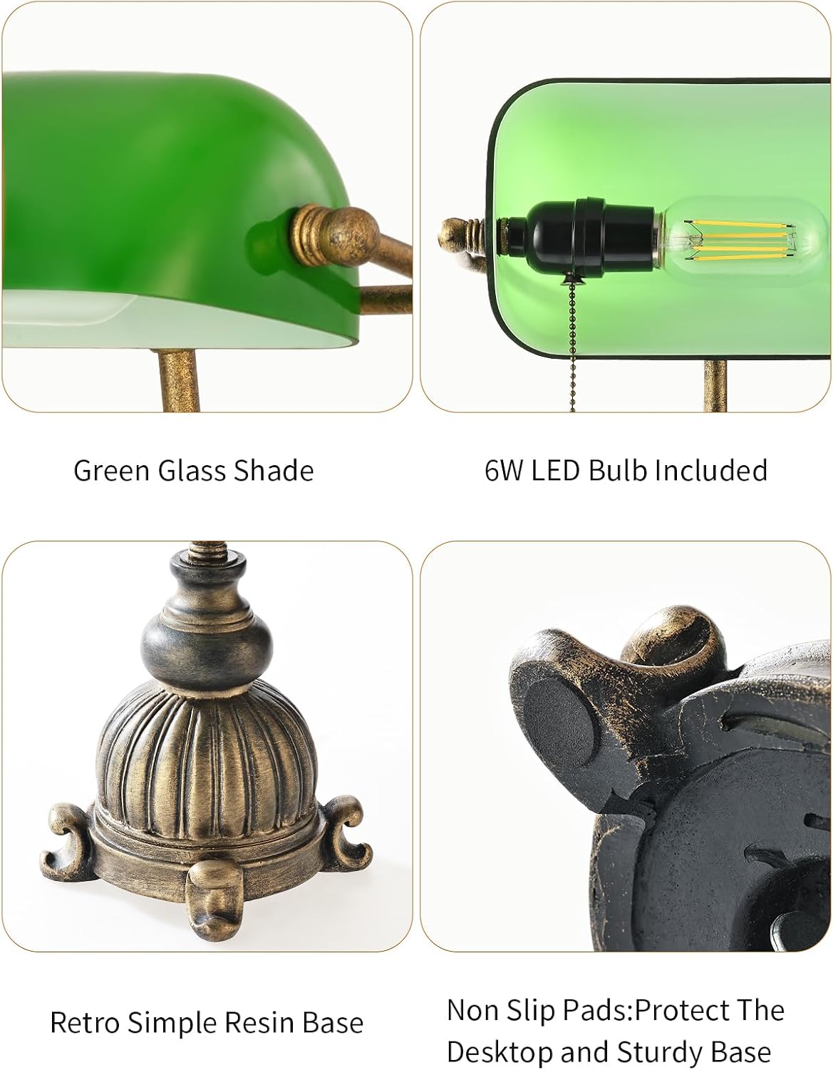 Retro Green Glass Bankers Desk Lamp,LED Bulb Included | Home Office Library with Pull Chain Switch Plug in Fixture