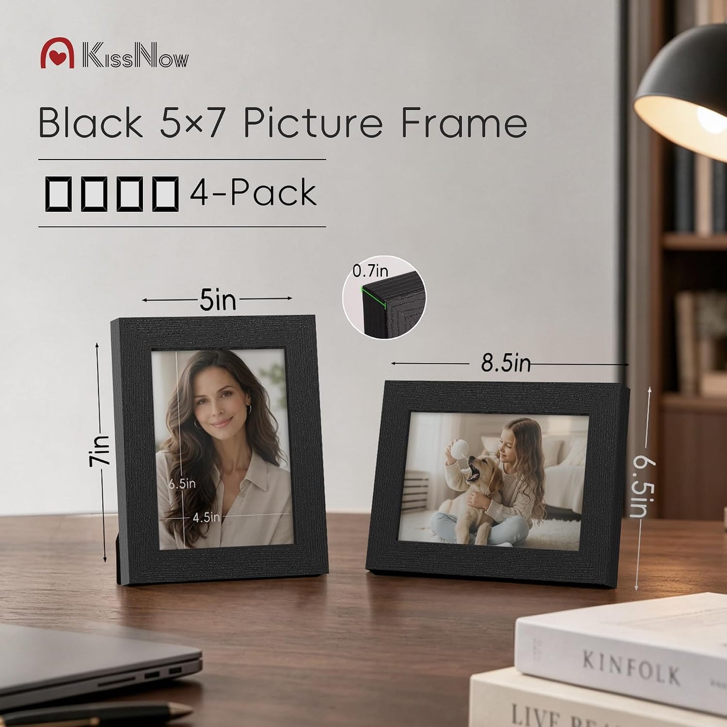 5x7 Picture Frame 4 Pack, Black Solid Wood, Wall or Tabletop | Gallery Wall Set, Thick & Wide Border, Polished