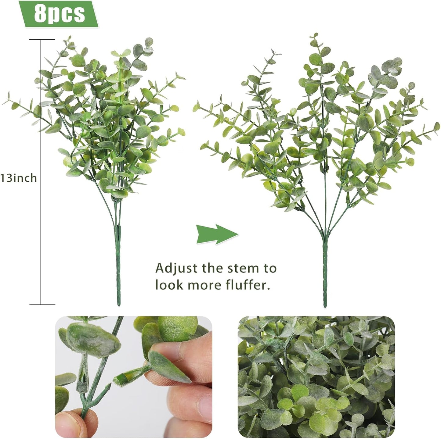 8 Bundles Artificial Greenery Plants Stems Outdoor Fake Eucalyptus Plant / Dusty Green / Set of 8