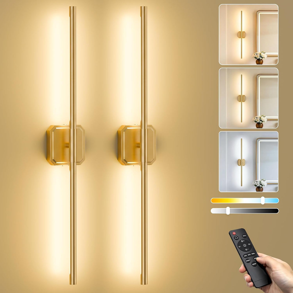 Battery Operated Wall Sconces Set of Two, Wireless Wall Lights Touch & Remote Control Rechargeable LED Wall Lamp