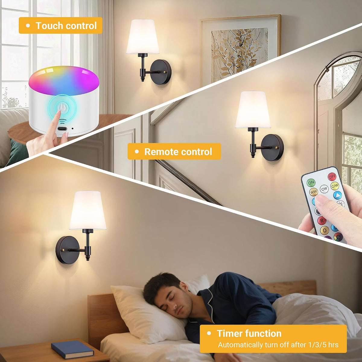 YHCDLAMP Battery Operated Wall Sconces Set of Two, Rechargeable Wireless Wall Lights with 10000mAh RGB Dimmable