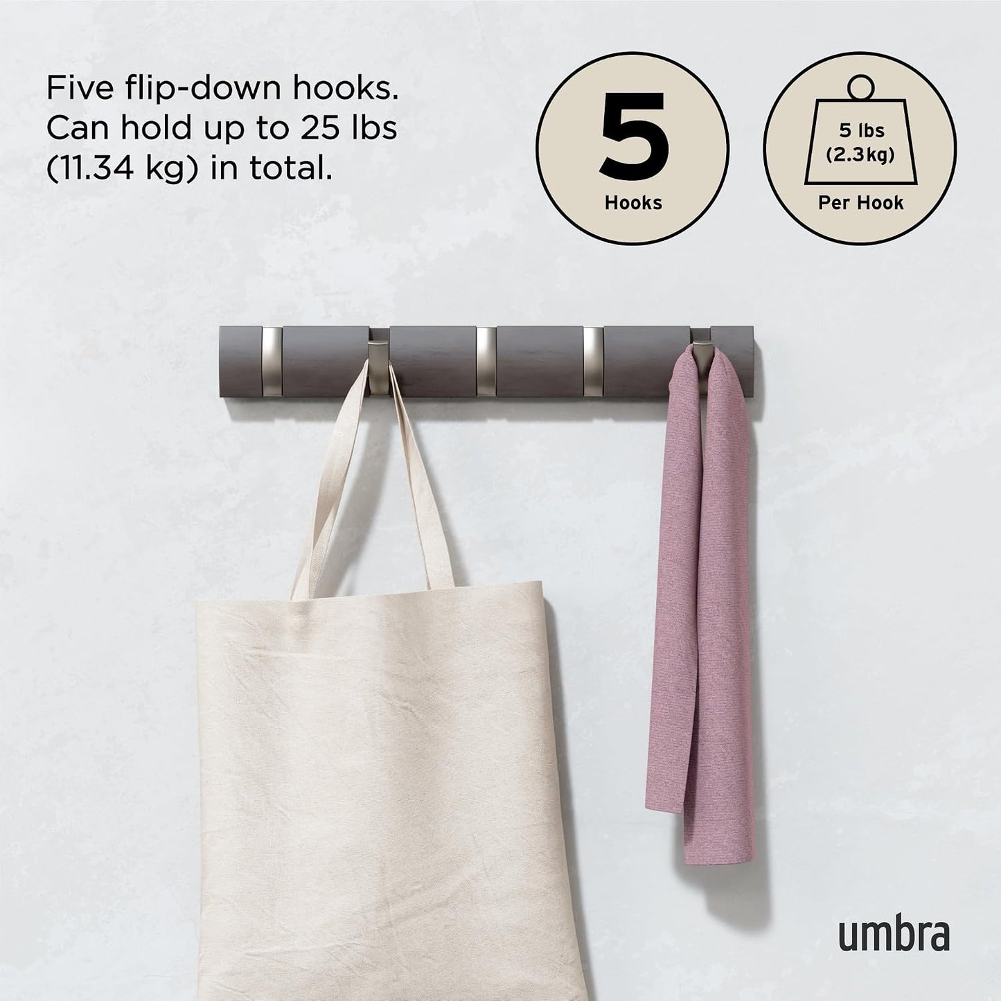 Umbra Flip Coat Rack, Wall Mounted 5-Hook Space Saving, Driftwood/Nickel | Real wood and steel build, retractable hooks
