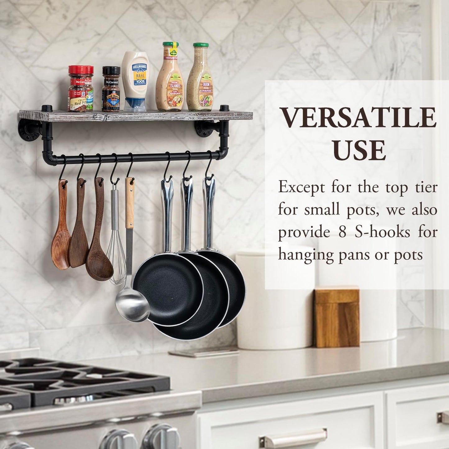 MyGift Wall Mounted Kitchen Pot Rack, Rustic Torched Wood Floating Display Shelf and Industrial Matte Black Metal Pipe
