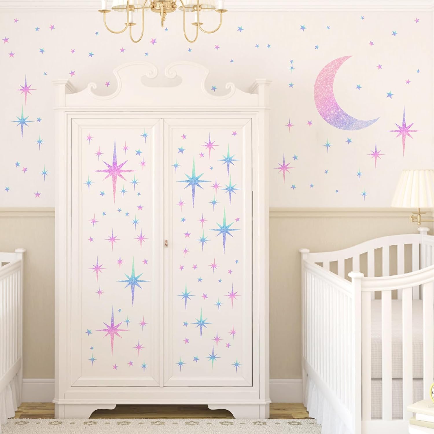 Retro Star Wall Decals Sparkle Wall Decal Peel and Stick Rainbow Star Moon Stickers / Colorful Satr