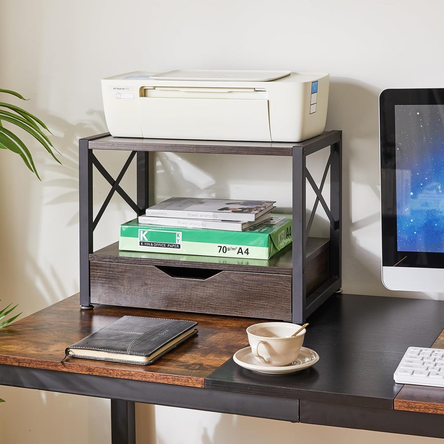 IBUYKE 2 Tier Desktop Printer Stand with Drawer Storage TLJ006G | Multi-Purpose Desk Organizer,Wooden Printer Stand for