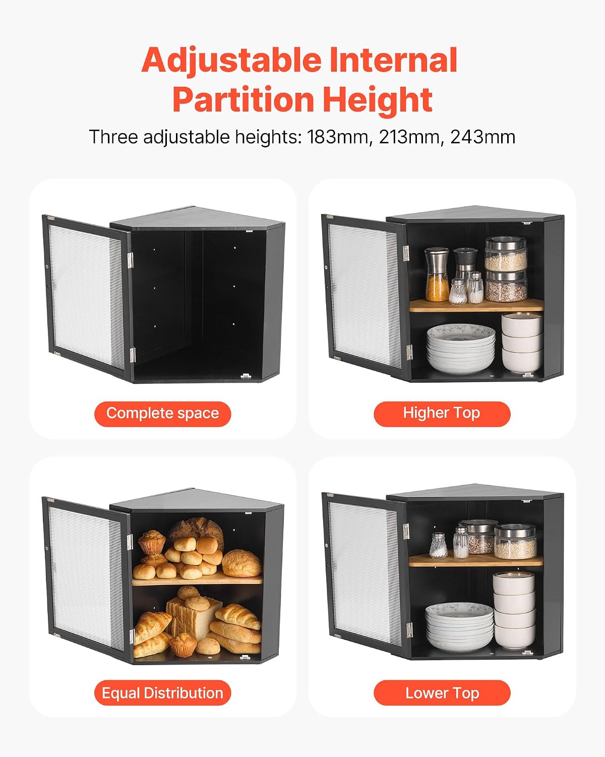 VEVOR Corner Bread Box for Kitchen Counter, Double Layer Large Capacity Bamboo Bread Storage Container, Farmhouse