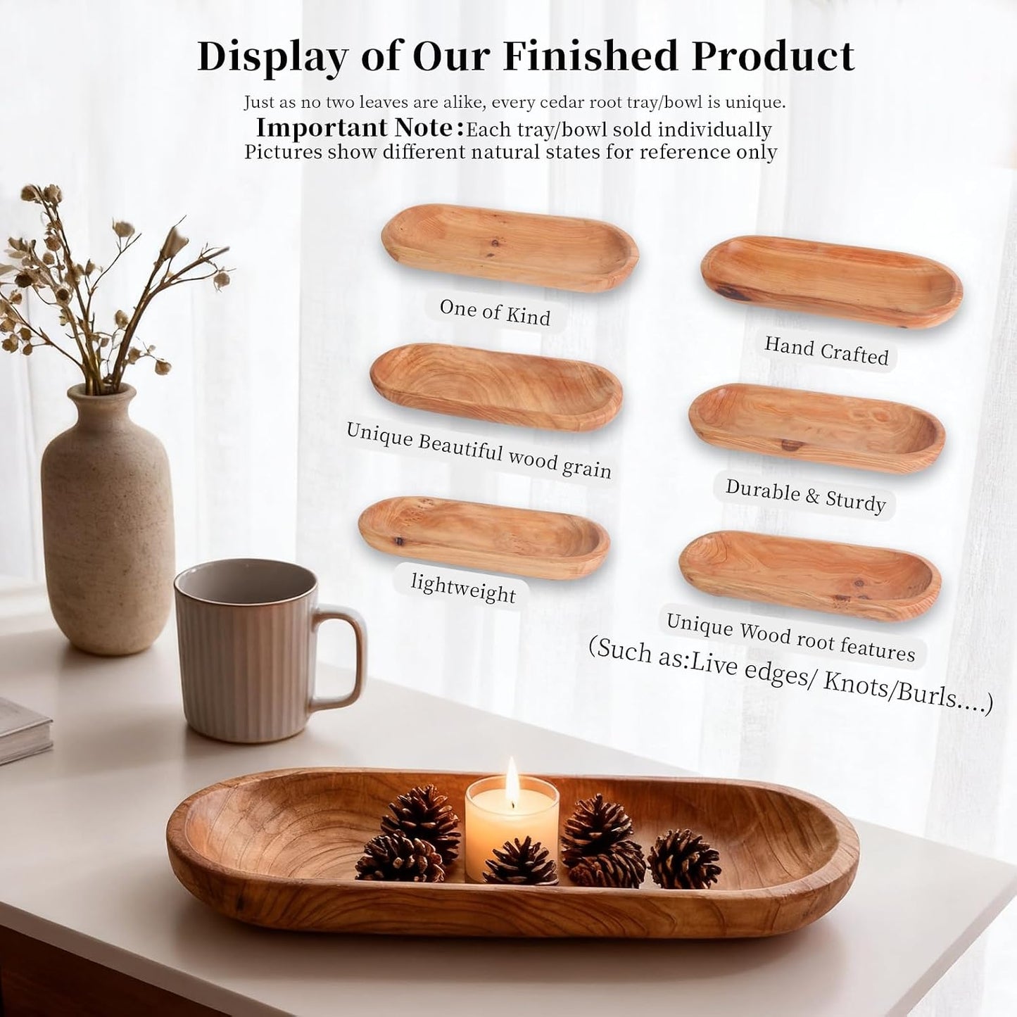 14.17" Decorative Tray Wooden Middle Fruit Bowl For Decor Oval Rustic Wooden Candle Holder Key Candy