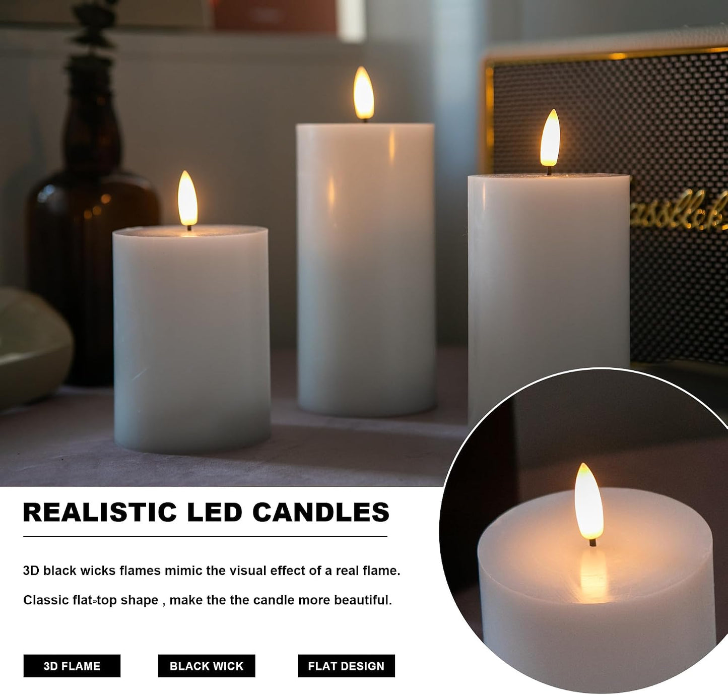 Flameless Pillar Candles Battery Operated Remote Timer Set of 3 | White Flickering LED Candles, Real Wax, Warm Flame