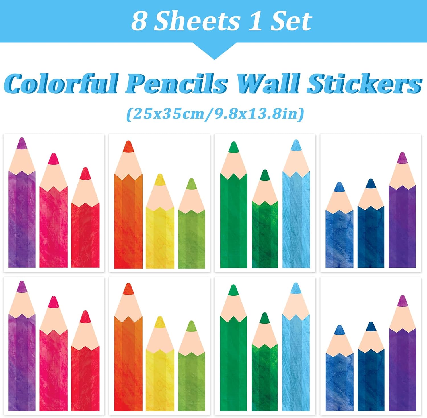 8 Sheets Pencils Wall Decals Waterproof Watercolor Pencils Walls Sticker Educational Peel / Colorful