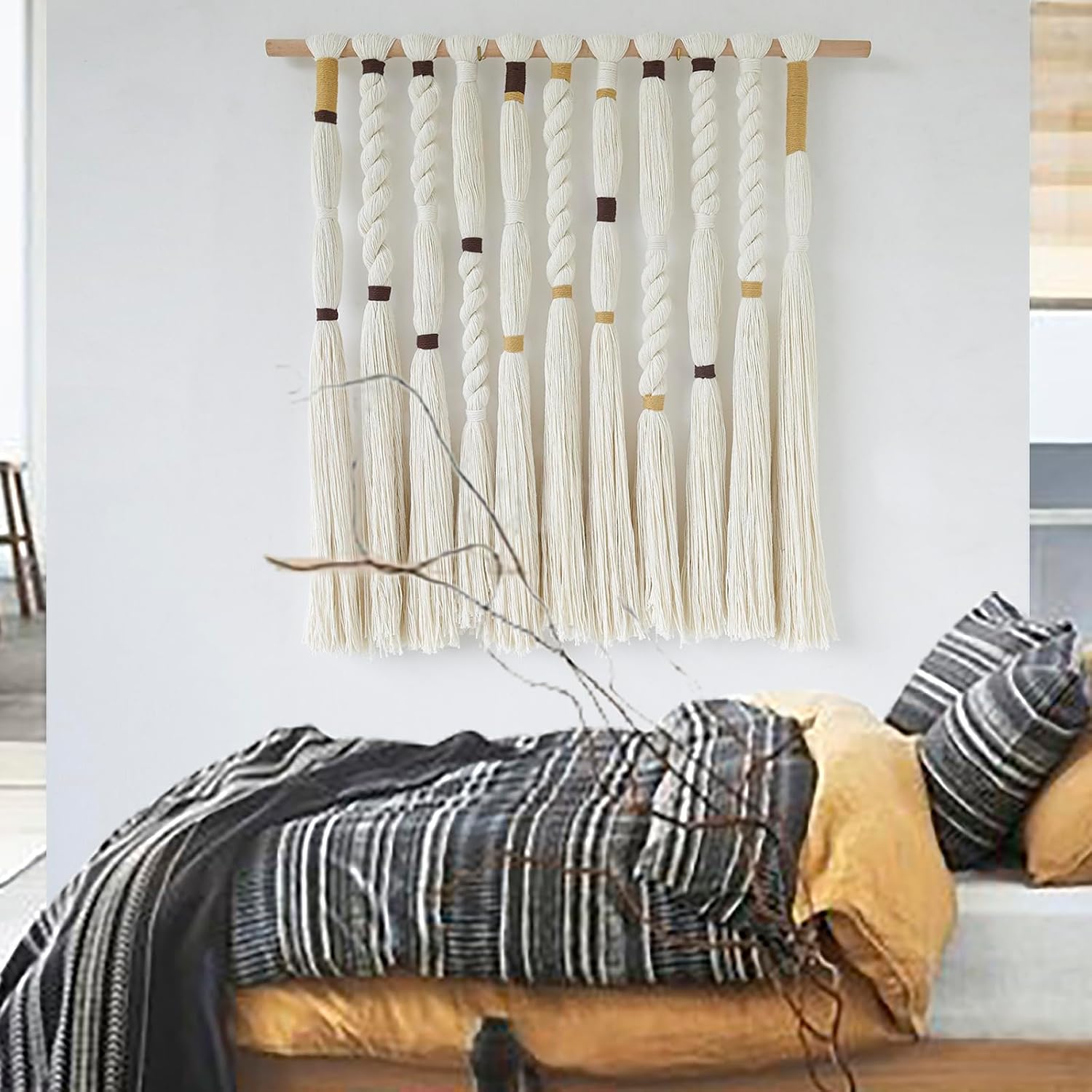 Macrame Wall Hanging Woven Knot and Tassel Fringe Handmade Boho Wall Art / Ivory3