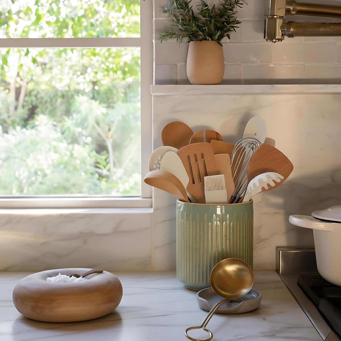 JIEMEI HOME Kitchen Utensil Holder, Ceramic Stable Utensil Crock for Countertop, 7.2" Large Utensil Organizer with Cork