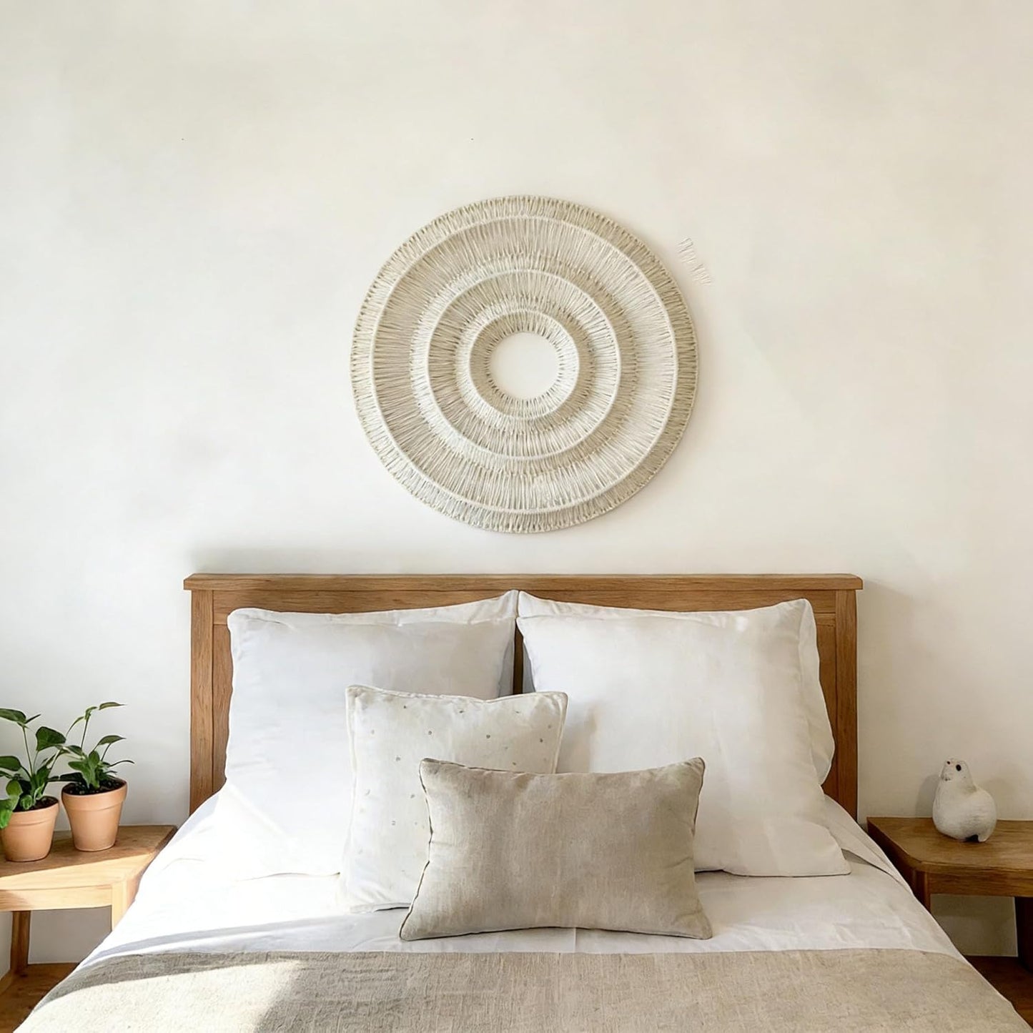 3D Round Boho Wall Basket. Large Rustic Wall Art / Beige