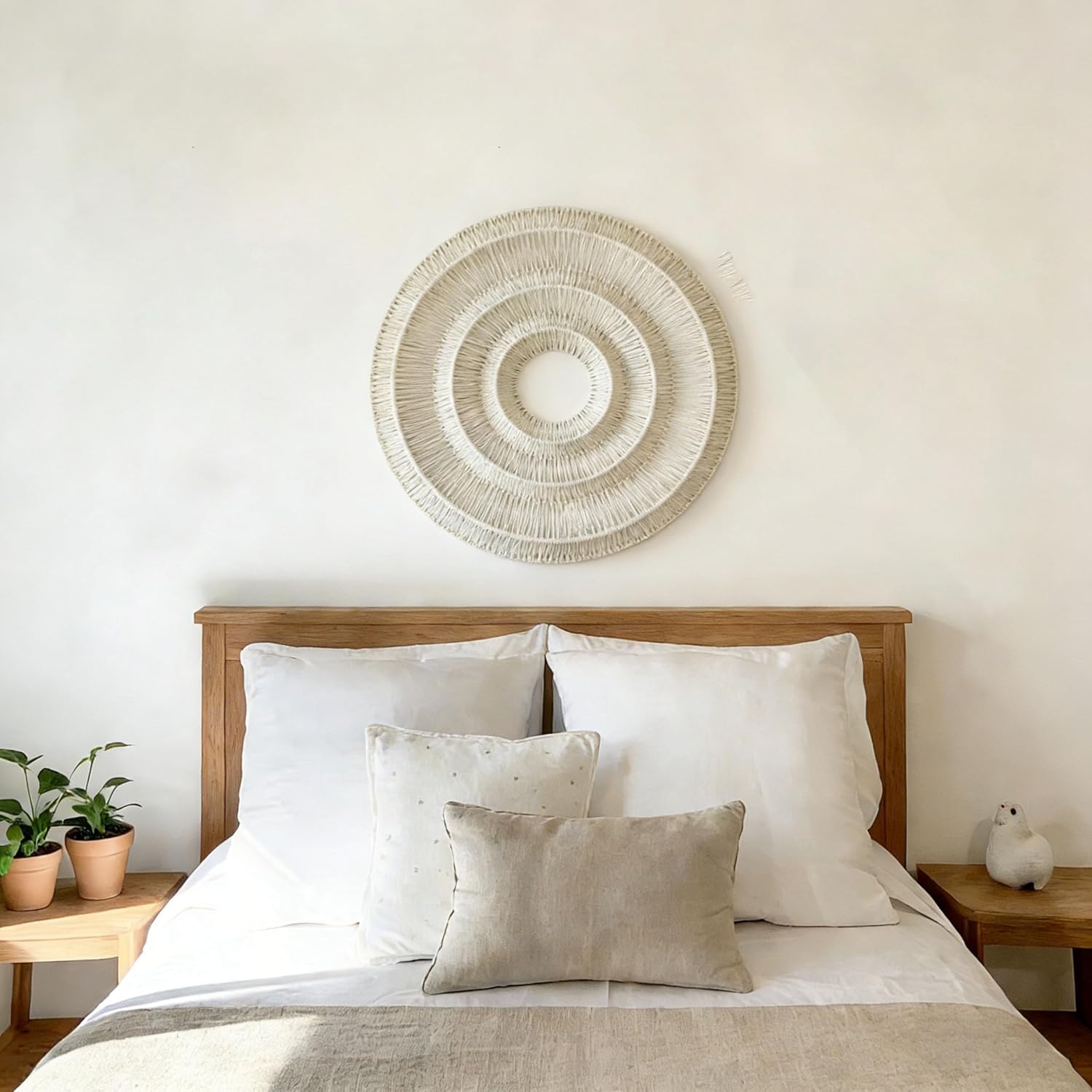 3D Round Boho Wall Basket. Large Rustic Wall Art / Beige